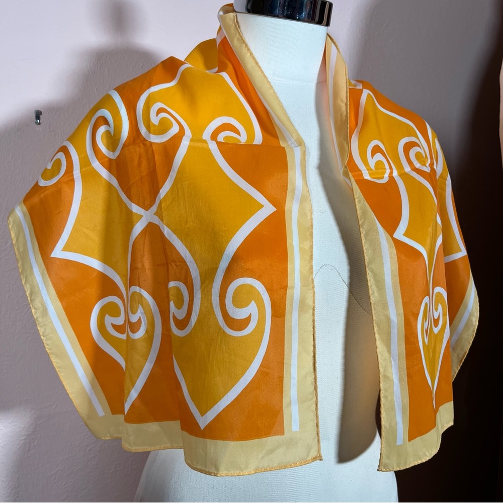 Vintage 60 70 Mod Retro Art Deco Orange Yellow Long Skinny Scarf - Picture 15 of 16